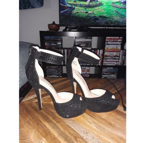 SOLD DREAM PAIRS Black Pearl Shine Swan Platform Pump Peep Toe High Heels - 5 in - Picture 8 of 16